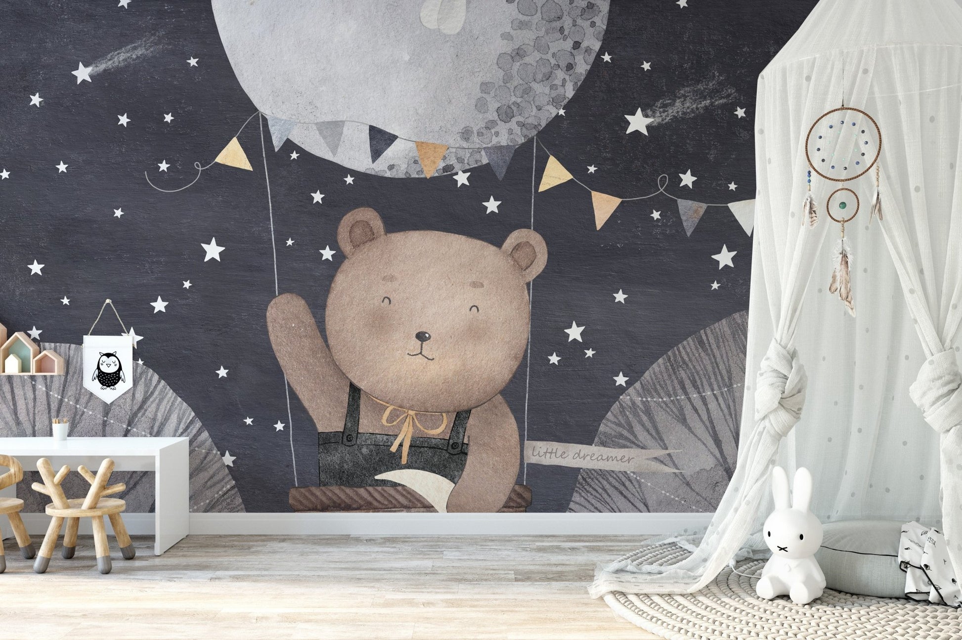 Playful bear balloon mural with soft clouds
