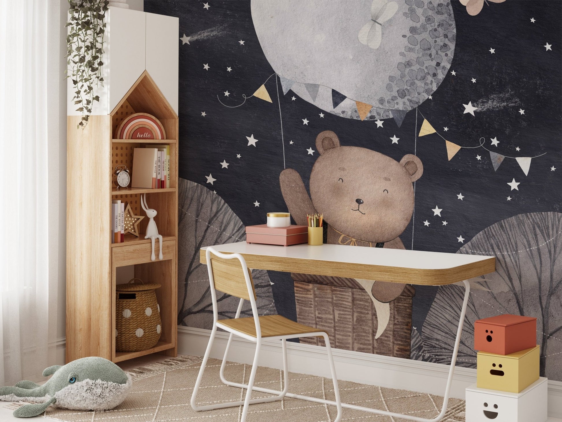 Bear floating in sky wallpaper for nursery
