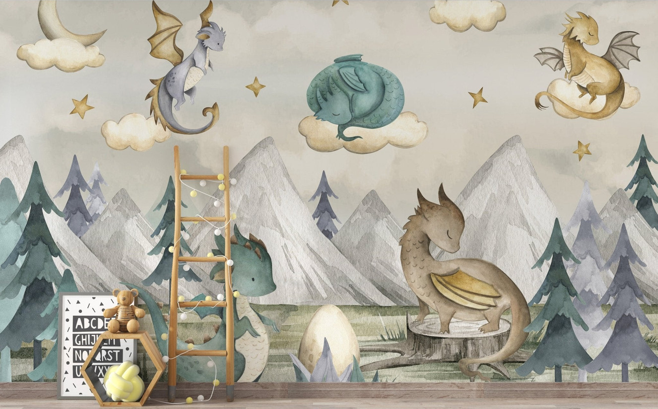 Kids dragon wallpaper mural in soft neutral shades.