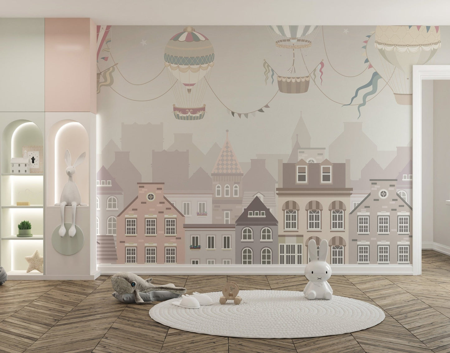 Whimsical balloon sky wall mural in muted color palette.