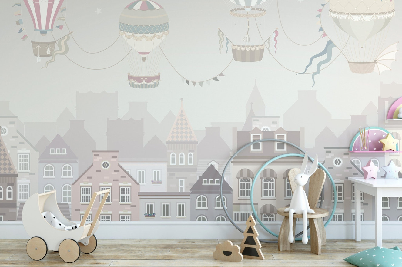 Light pastel sky wallpaper mural with floating air balloons.