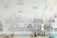 Light pastel sky wallpaper mural with floating air balloons.