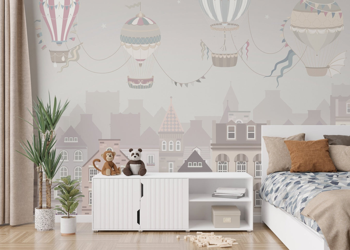Soft grey cityscape wall mural with floating balloon illustration.