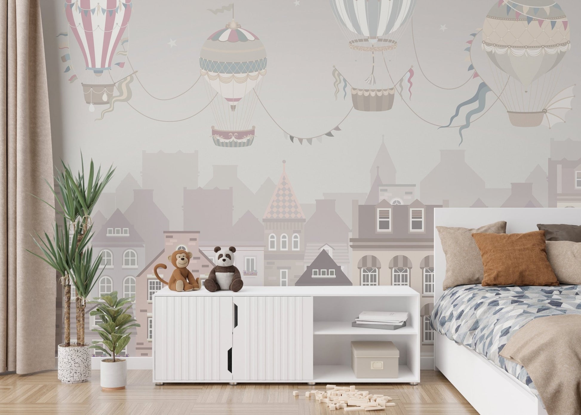 Soft grey cityscape wall mural with floating balloon illustration.