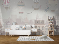 Pastel hot air balloons wallpaper mural with vintage town design.