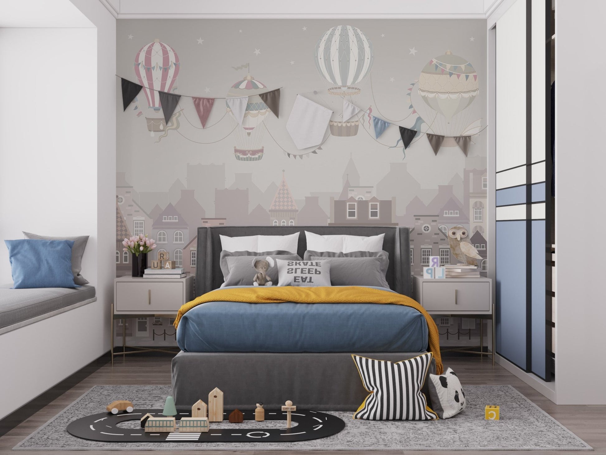 Dreamy hot air balloons wall mural with soft neutral tones.