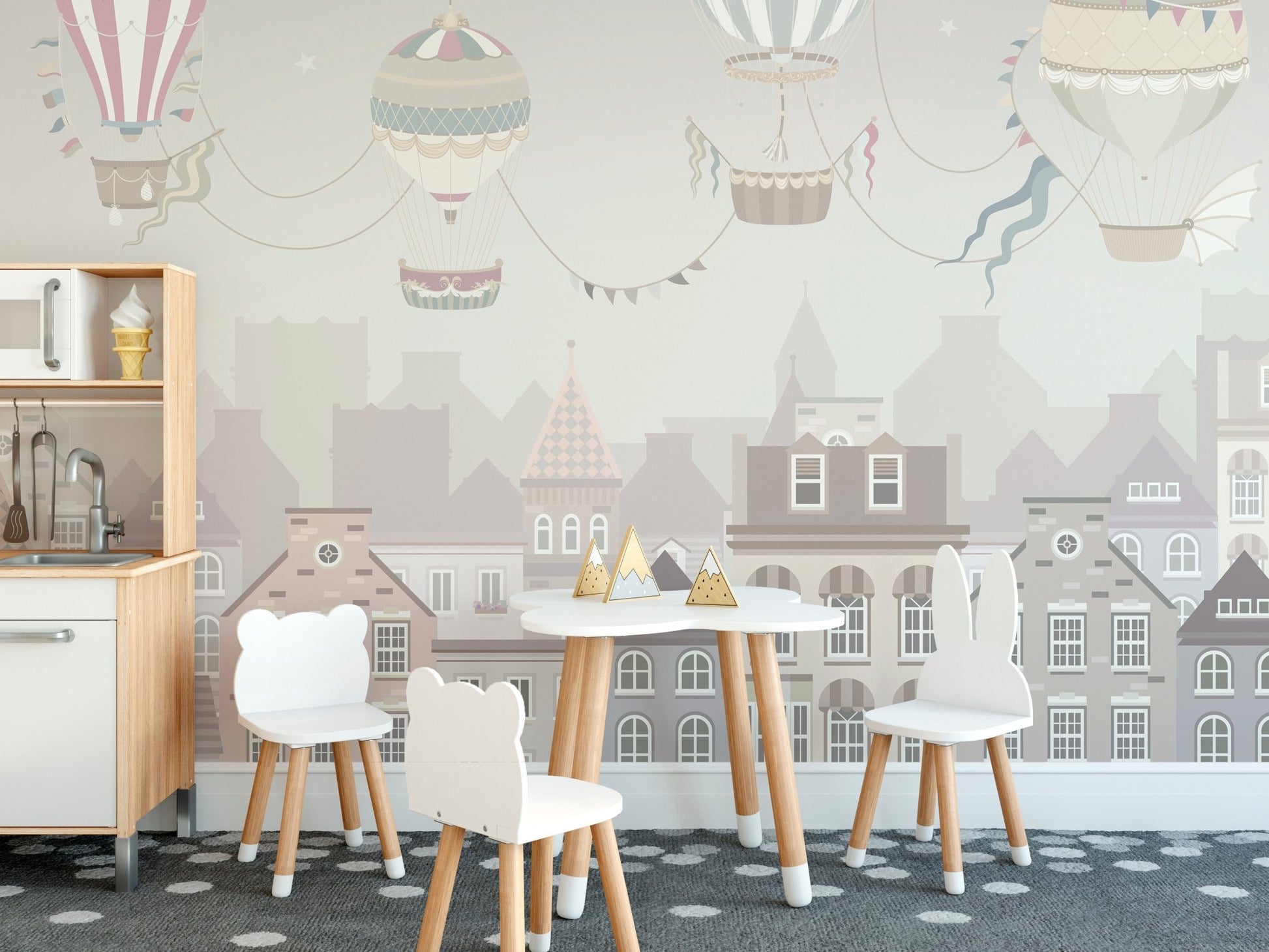 Dreamy hot air balloons wallpaper mural with pastel sky theme.