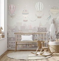 Subtle grey architectural wall mural with balloon accents.
