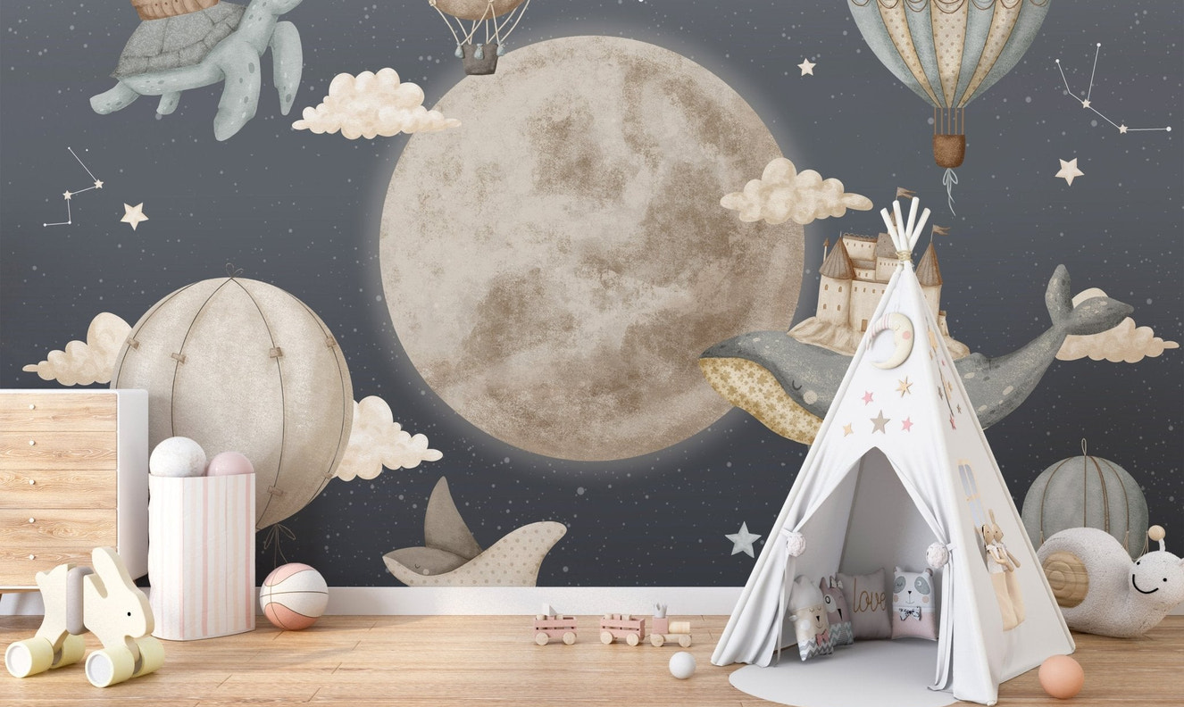 Navy blue wallpaper mural with constellations and airships.