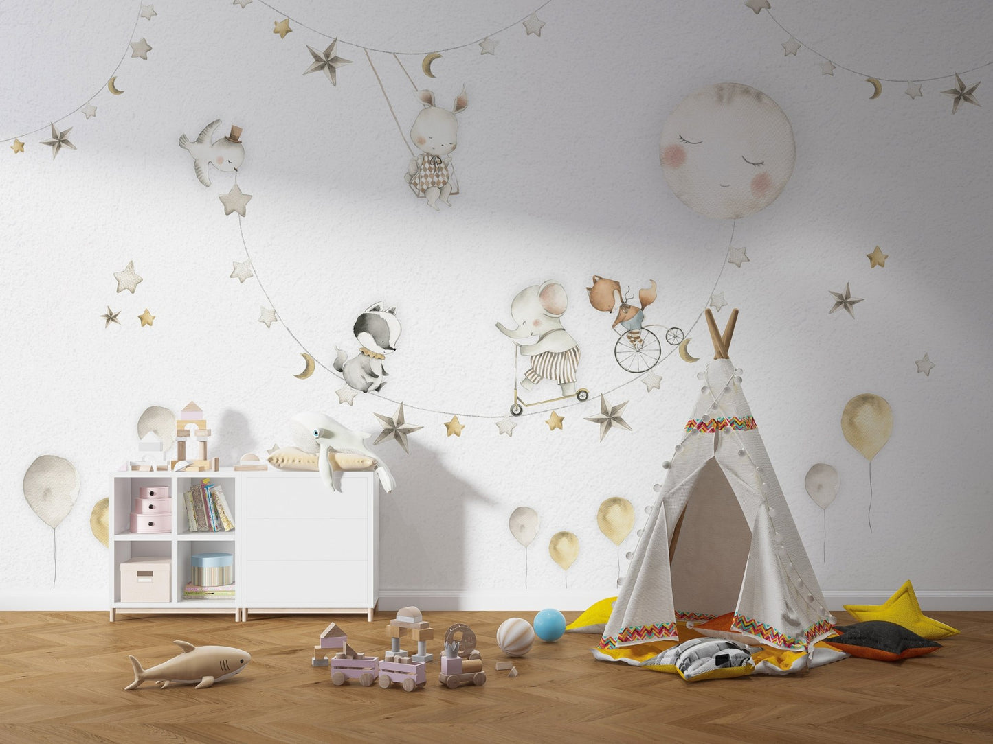 Whimsical wall art showcasing a dreamy nighttime animal parade
