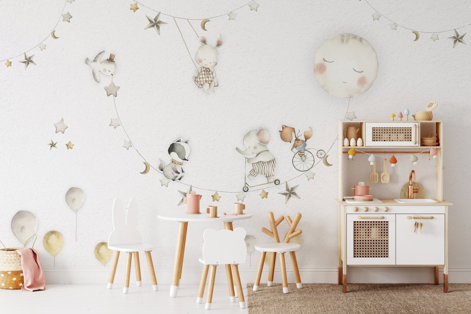 Artistic mural showcasing a parade of friends in a nighttime scene
