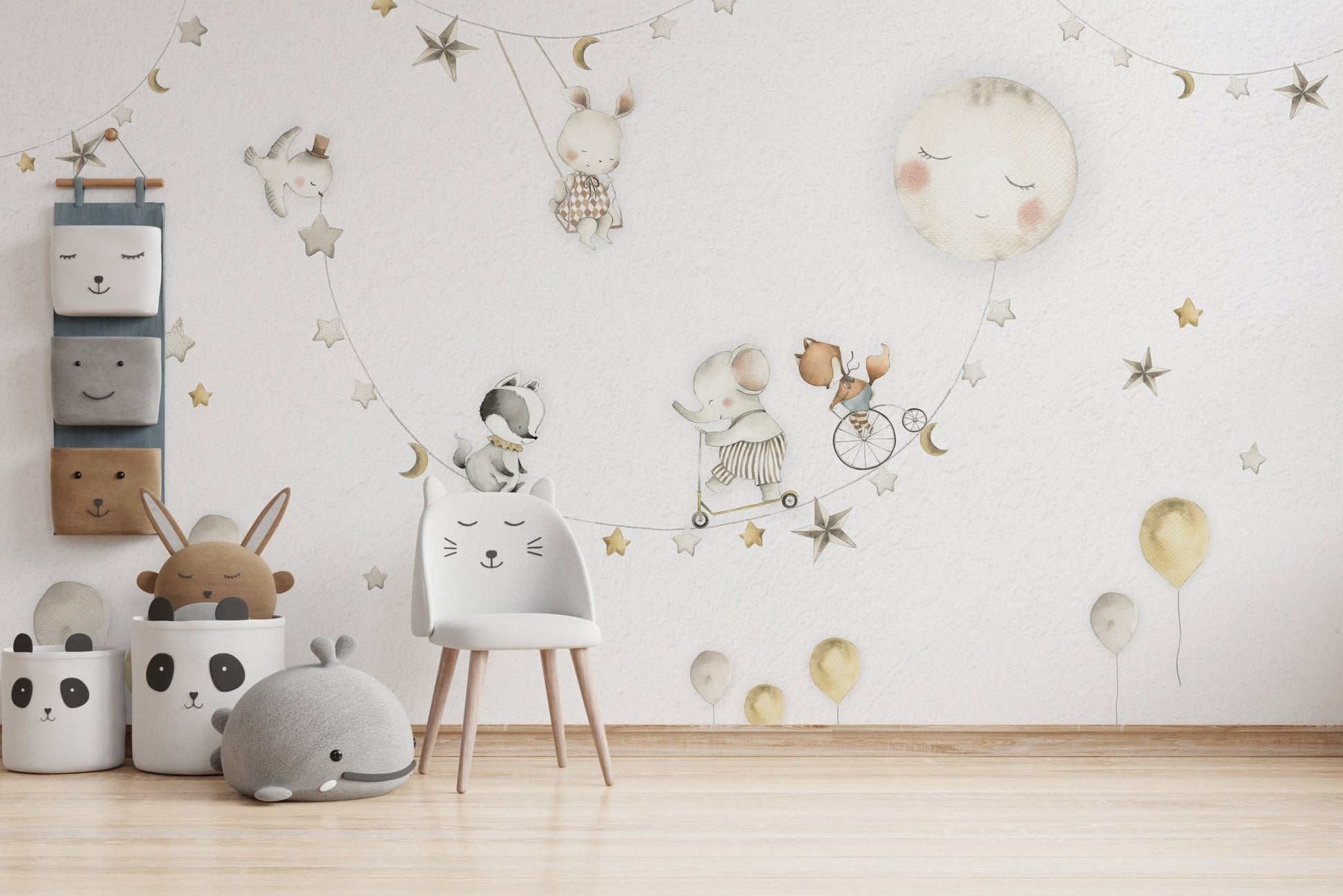 Nighttime parade mural featuring adorable animal characters
