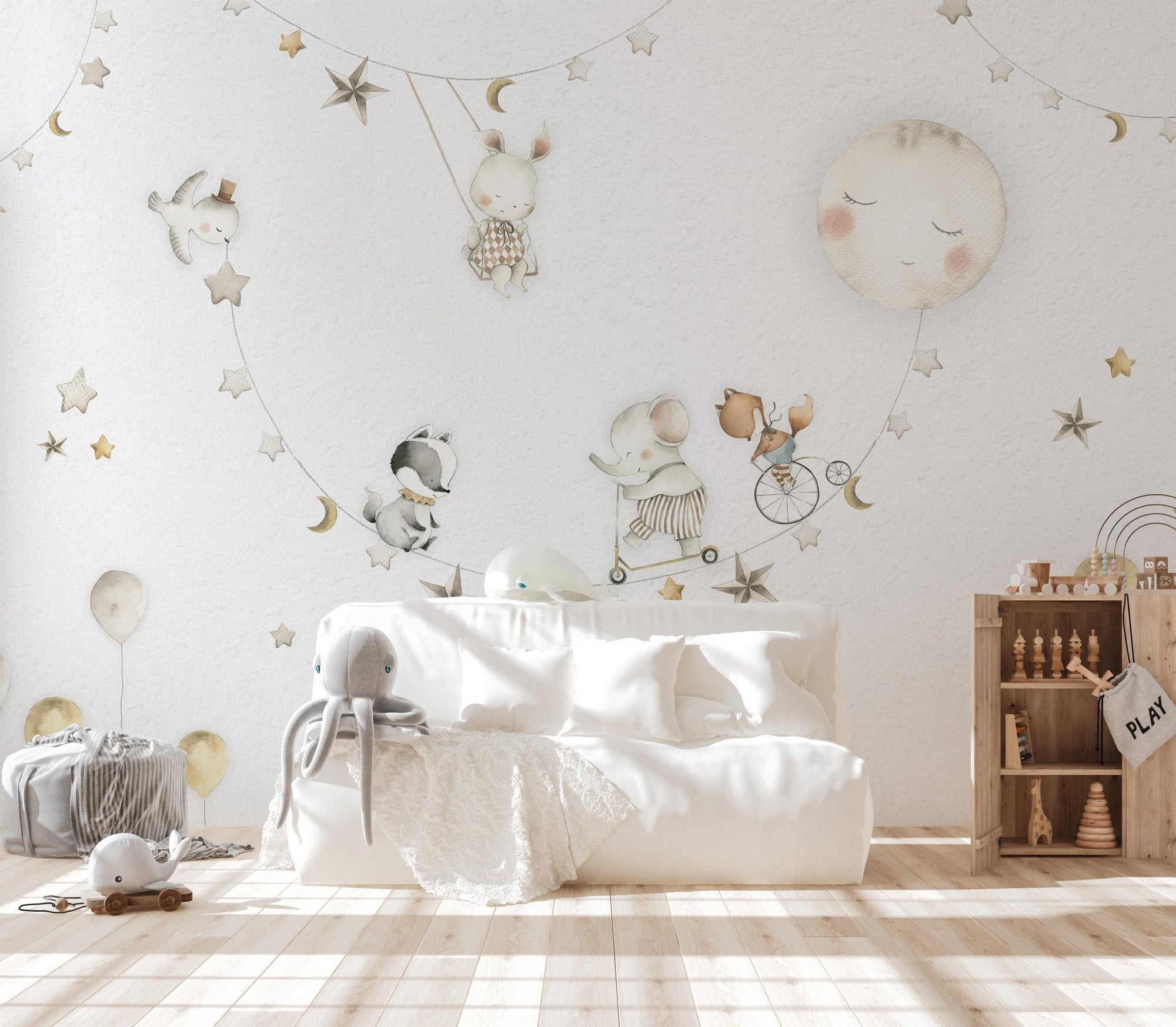 Enchanting mural featuring a nighttime parade of animal friends.
