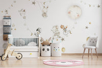 Dreamy wall mural with animals in a magical nighttime setting
