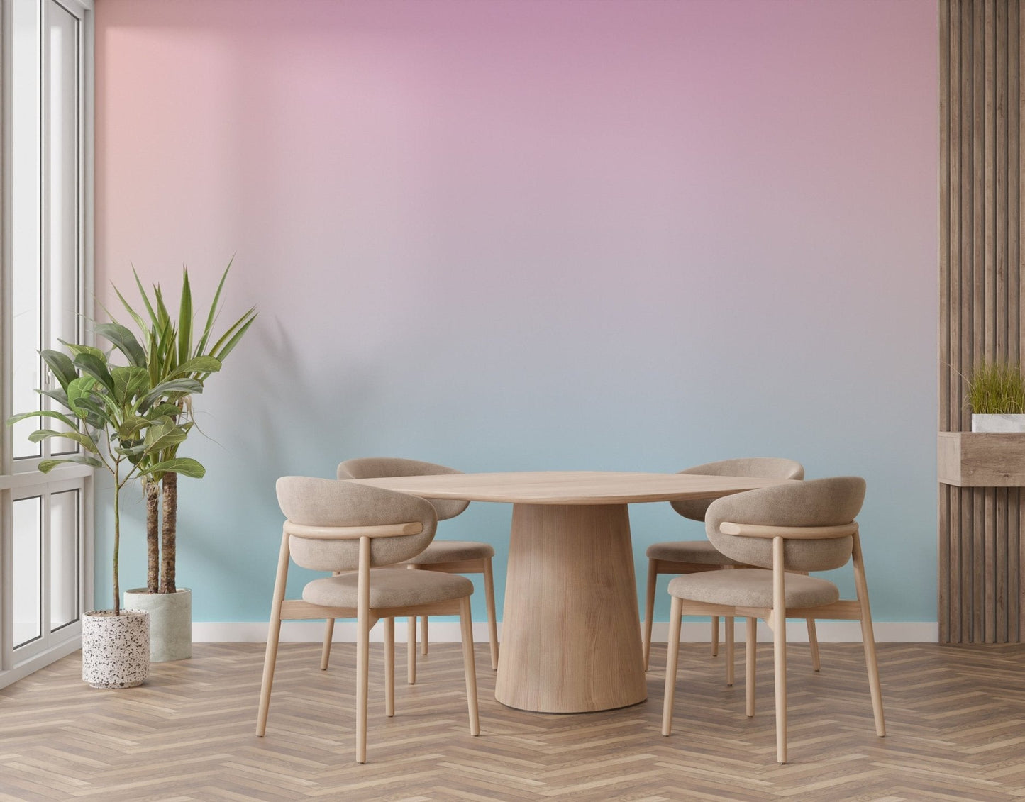 Soft pastel horizon wall mural with smooth pink to teal fade.