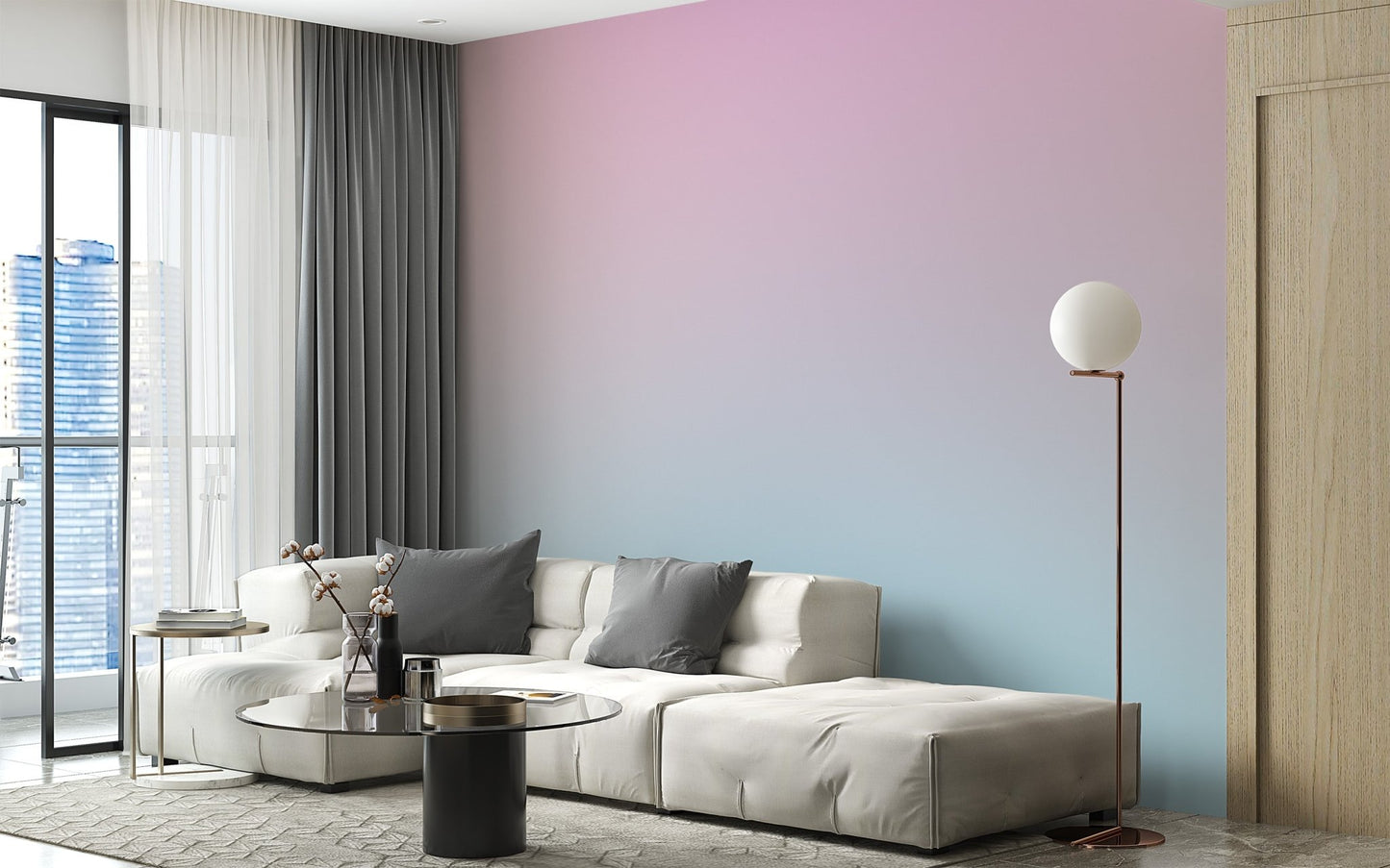 Minimalist pink and blue gradient mural wallpaper for modern wall decor.