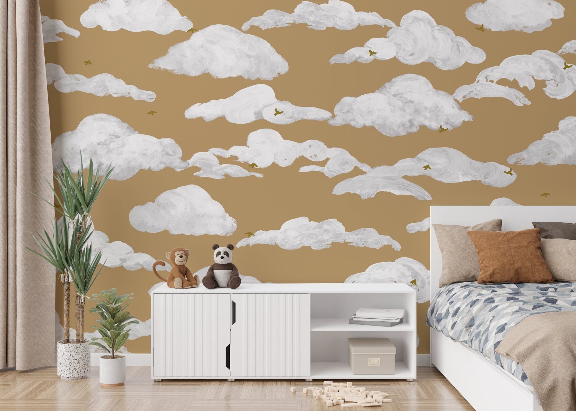 Minimal sky birds wallpaper in neutral mustard and white palette.