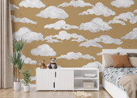 Minimal sky birds wallpaper in neutral mustard and white palette.