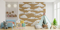 Soft sky birds wallpaper design with airy white clouds.