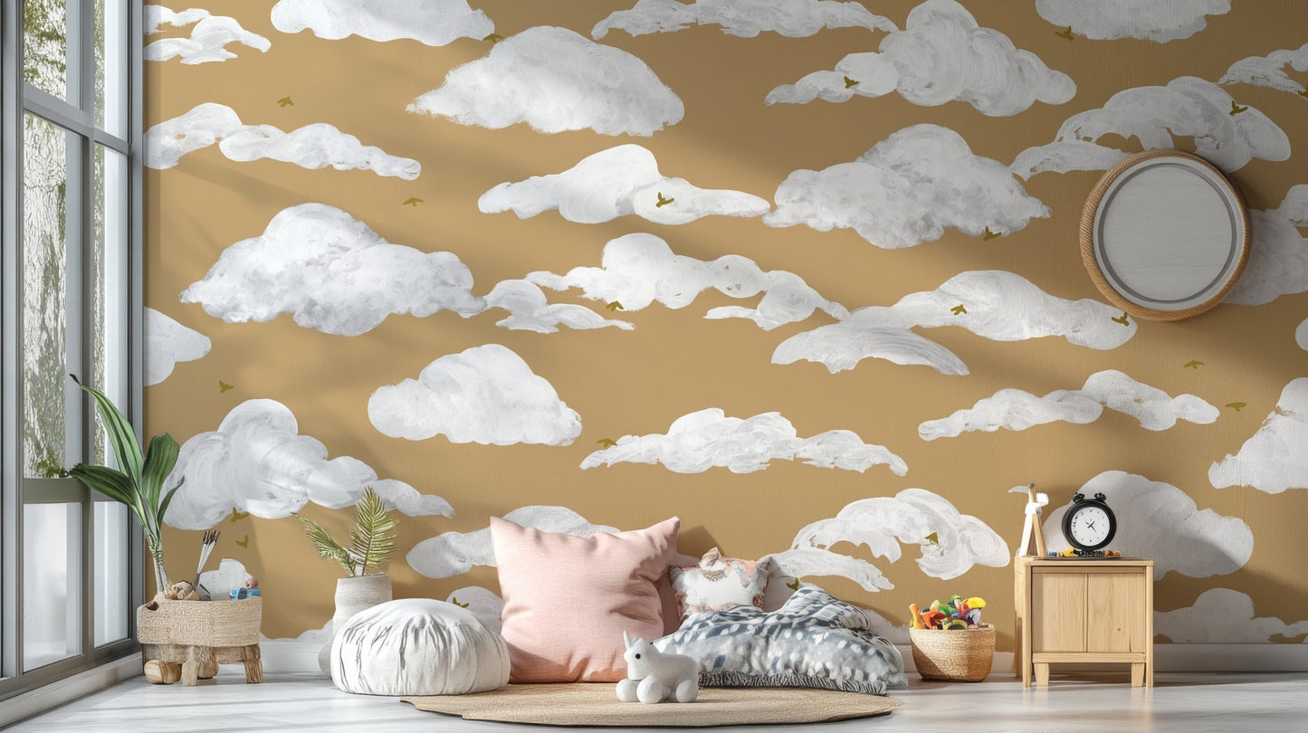 Minimal birds and clouds wallpaper in warm golden color.