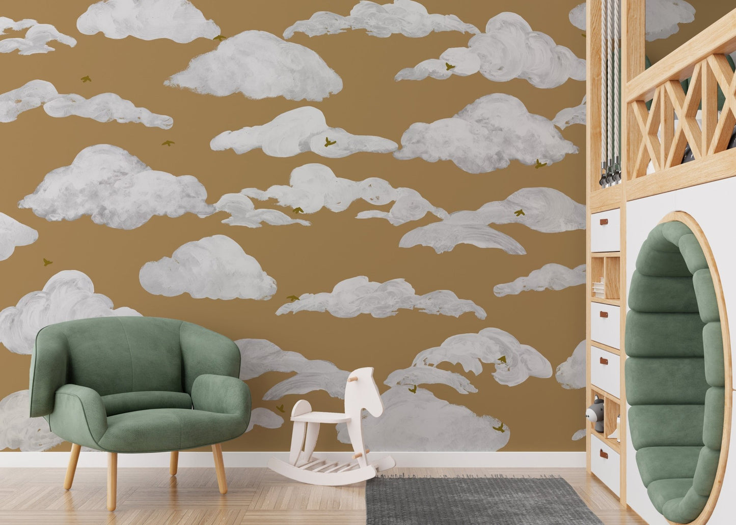 White painted clouds and tiny birds pattern wall mural in warm tones.