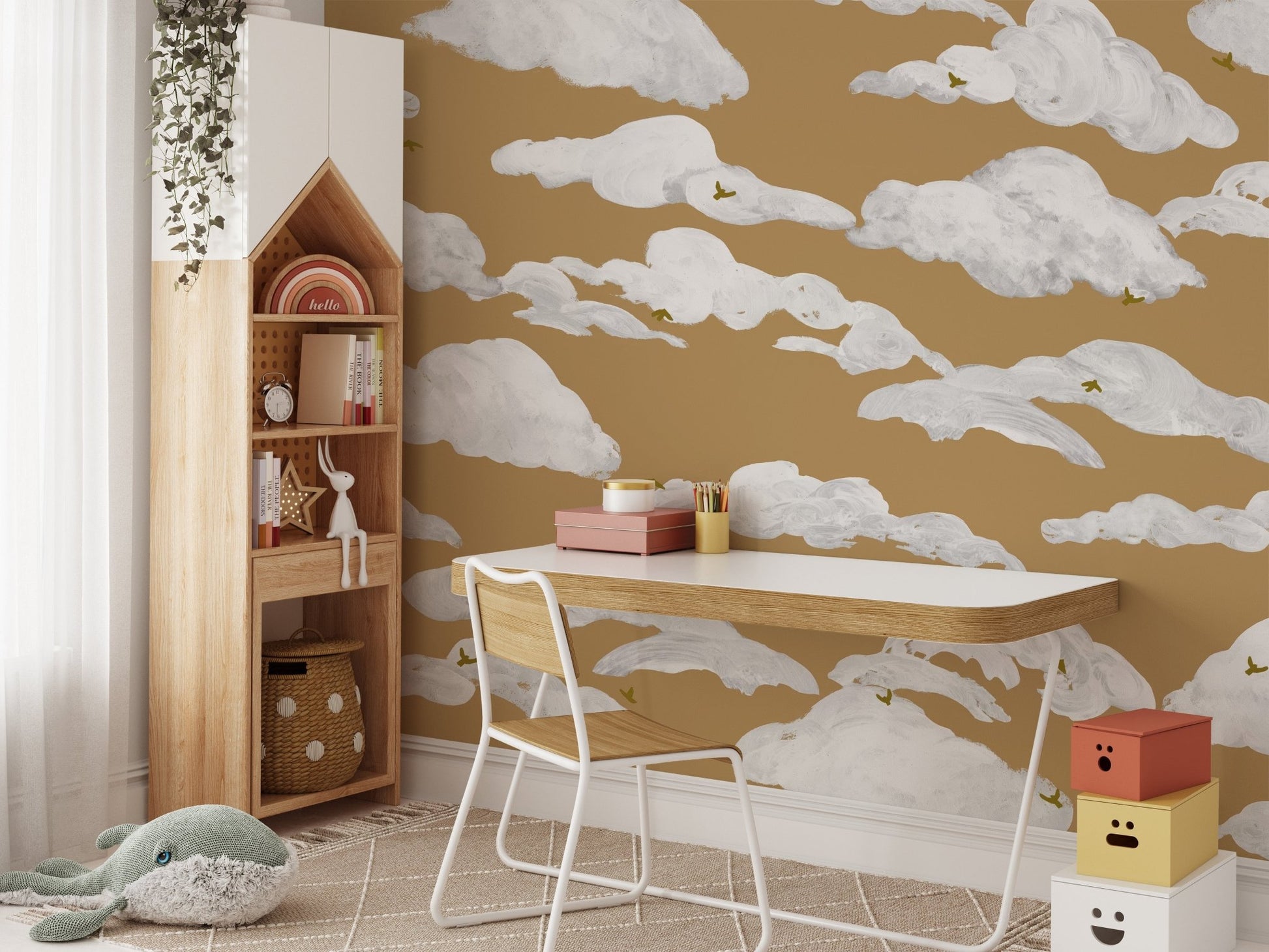 Mustard sky wallpaper with soft white cloud brushstroke wall mural.