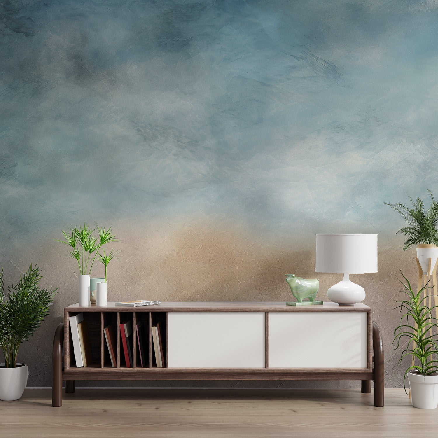 Abstract sky wall mural for a lounge using blue, beige, and violet hues.