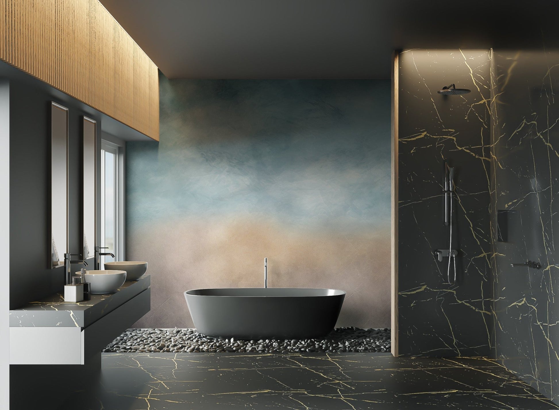 Abstract blue and beige textured wall mural for a modern bathroom.