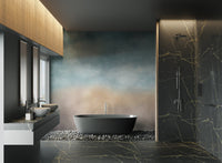 Abstract blue and beige textured wall mural for a modern bathroom.