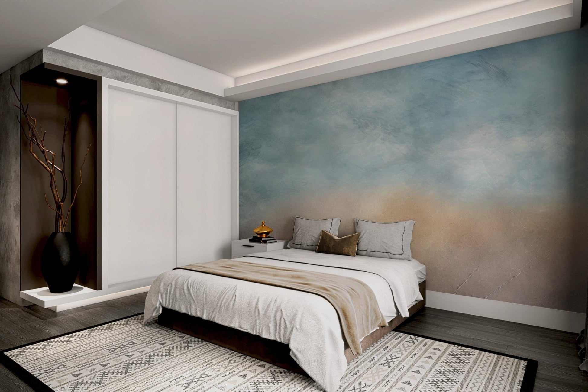 Textured plaster style wall mural in shades of light blue and beige hues.