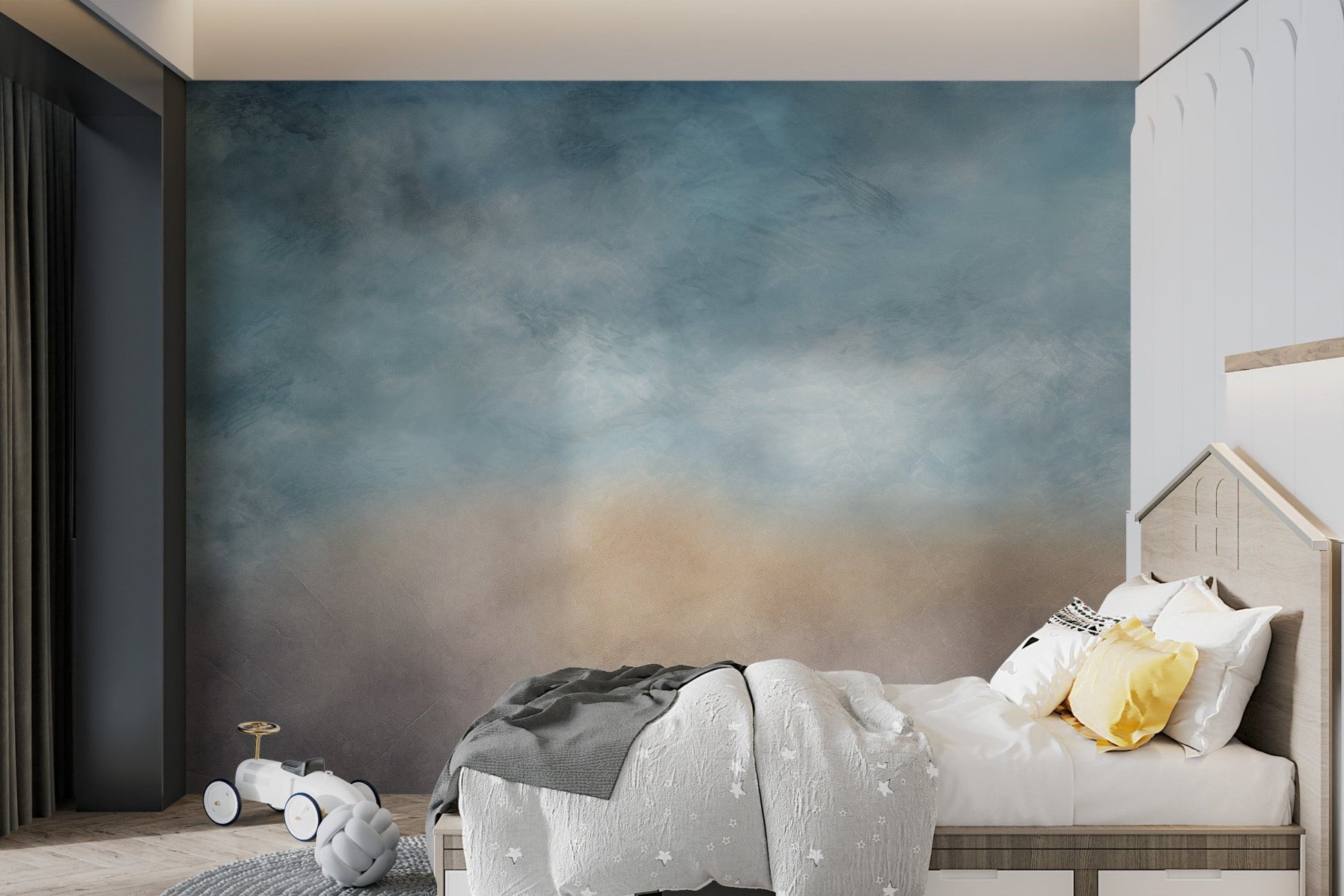 Modern wall mural showcasing a blue sky and beige earthy toned horizon.