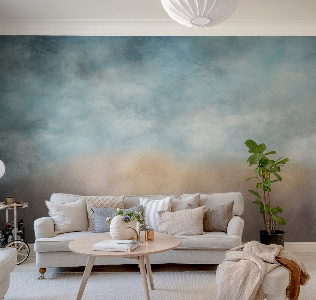 Soft blue and tan textured wall mural for a contemporary living space.