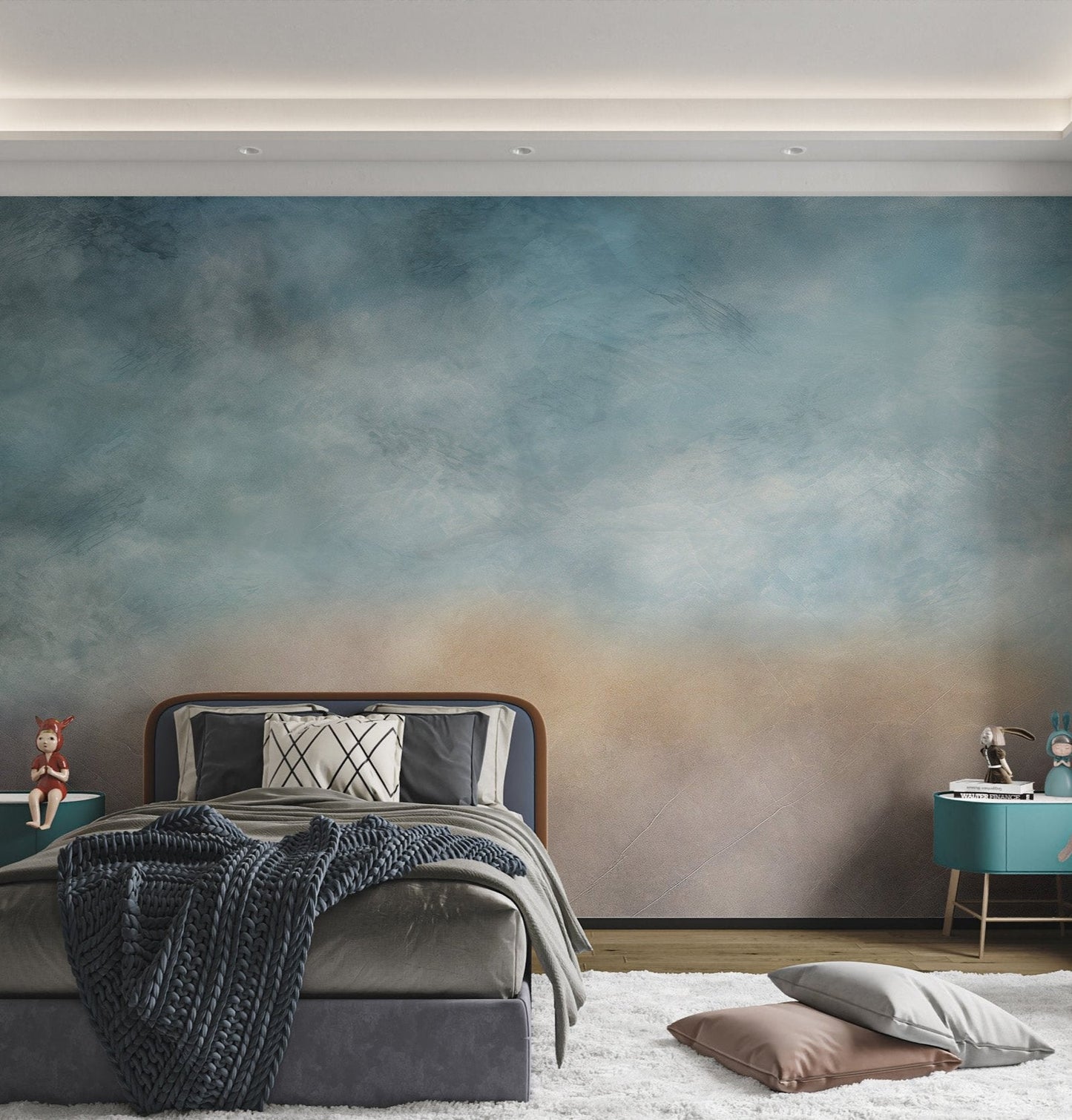 Light blue and grey abstract wall mural for a minimalist kids bedroom.