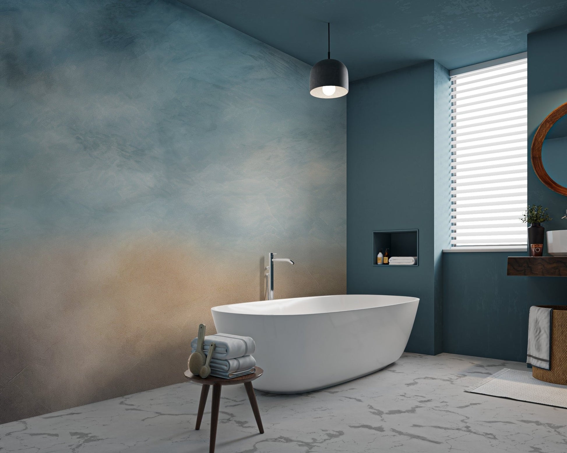 Minimalist wall mural with a soft blue and purple textured cloud design.