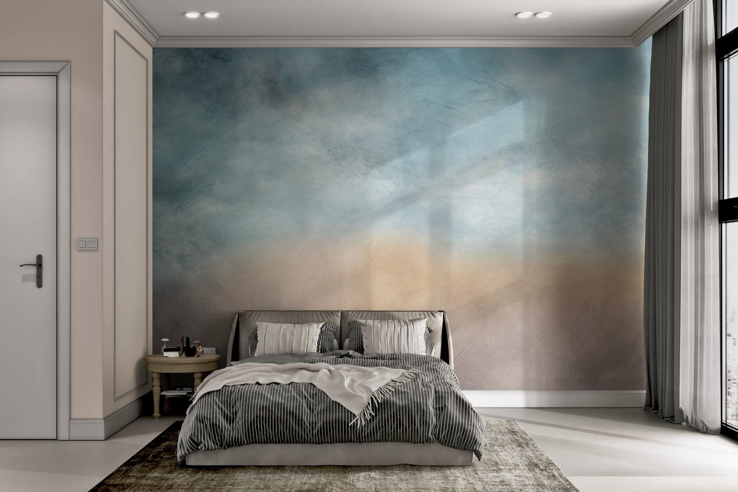 Dreamy Sky Texture Wall Mural in blue and light brown for bedroom.