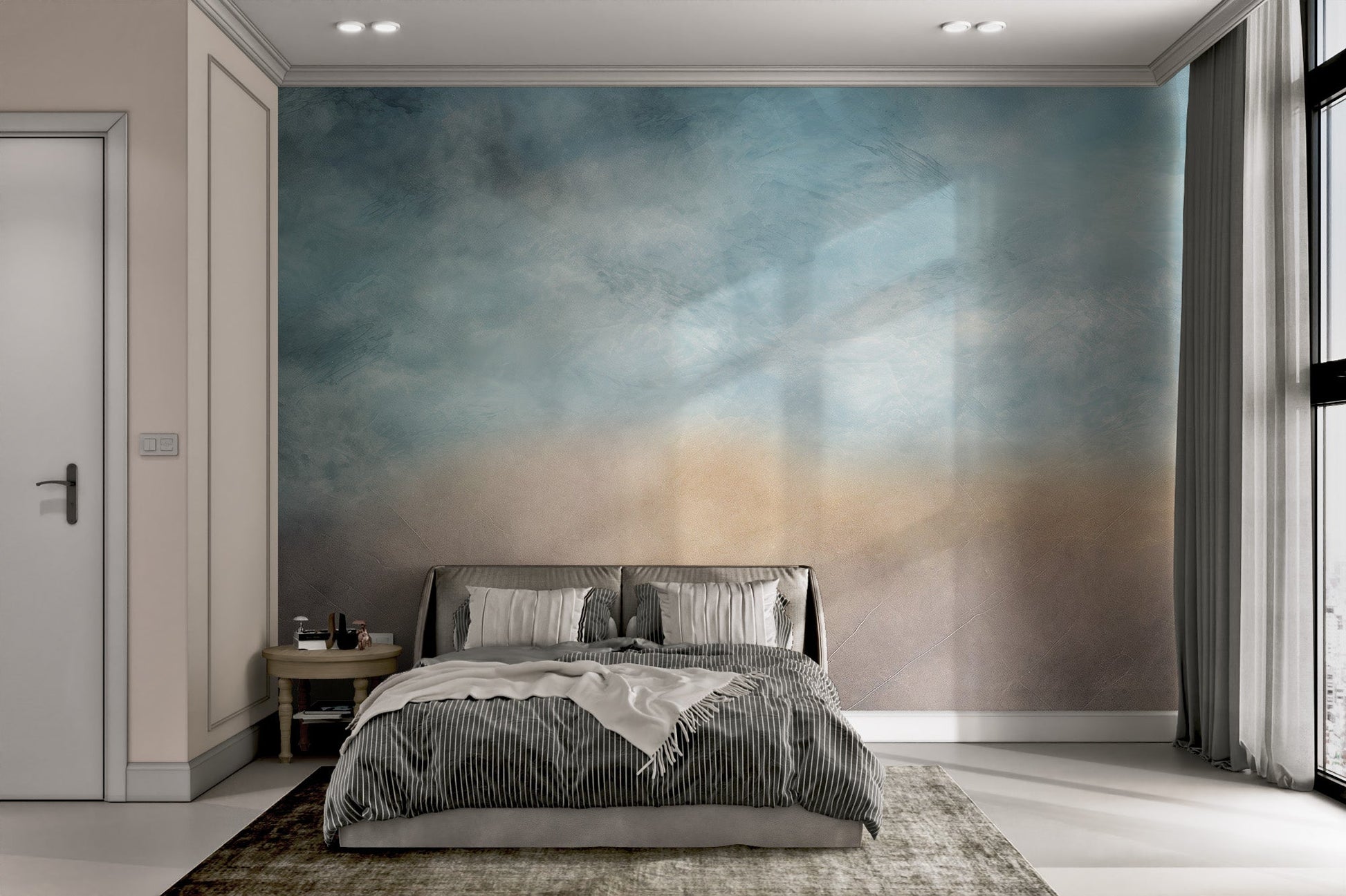 Dreamy Sky Texture Wall Mural in blue and light brown for bedroom.