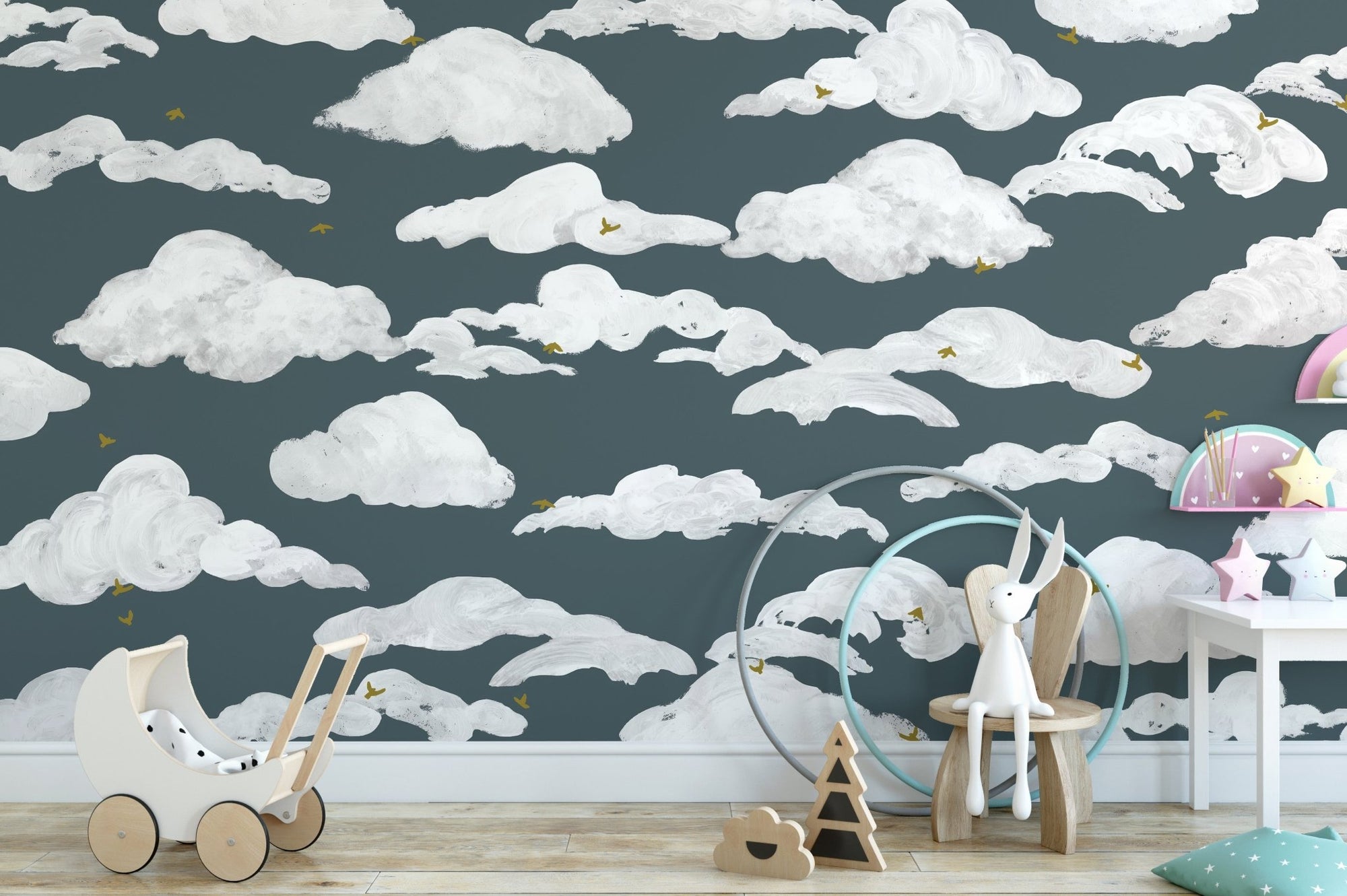 White cloud wall mural in modern blue color theme.