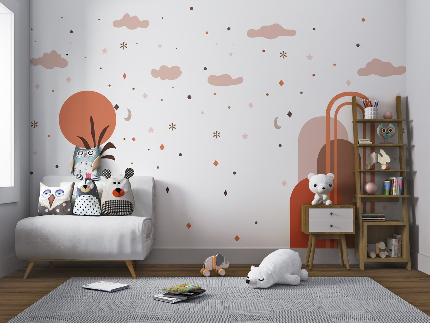 Kids sky theme wall mural with soft orange sun and scattered star shapes.