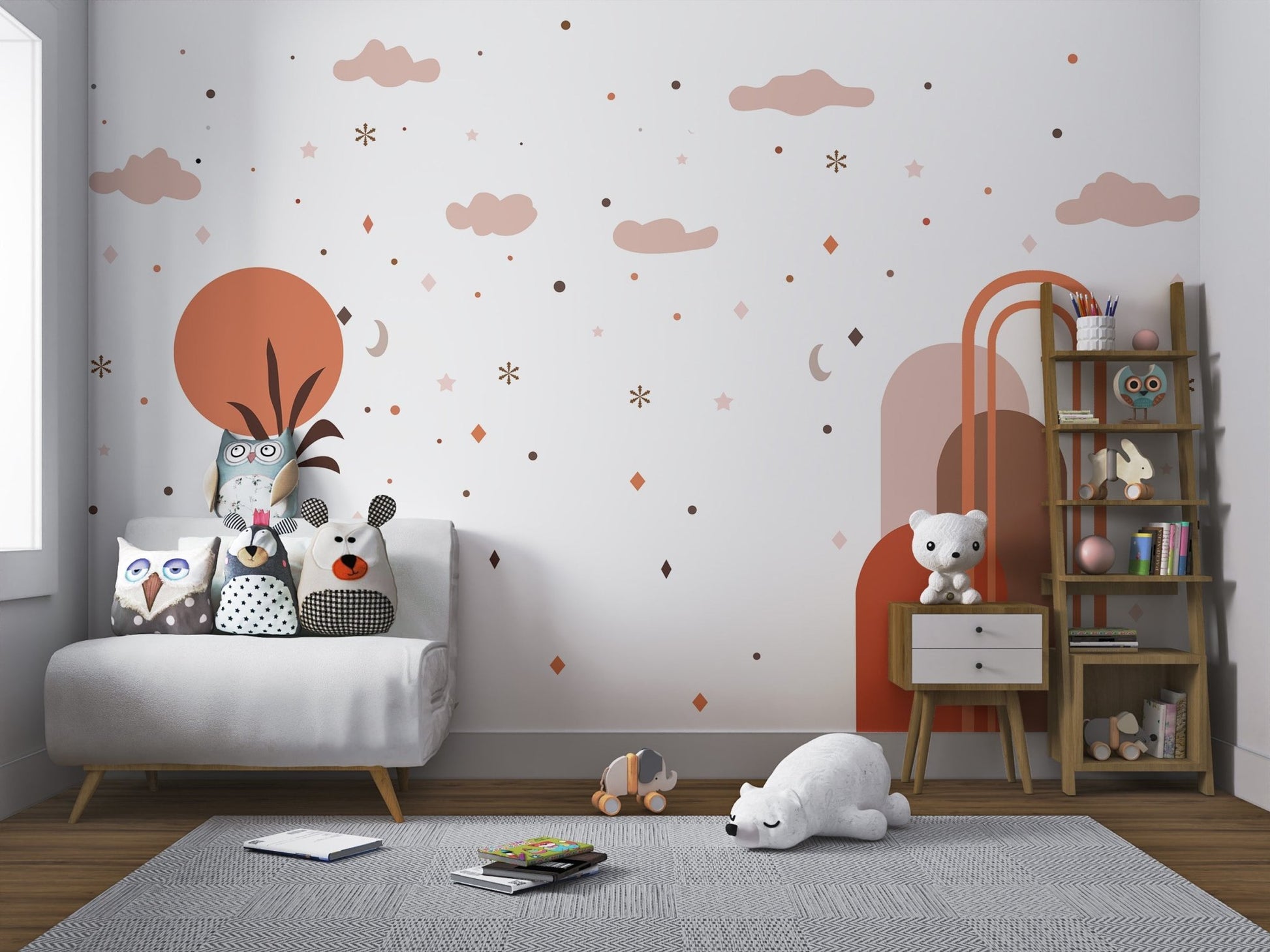 Kids sky theme wall mural with soft orange sun and scattered star shapes.