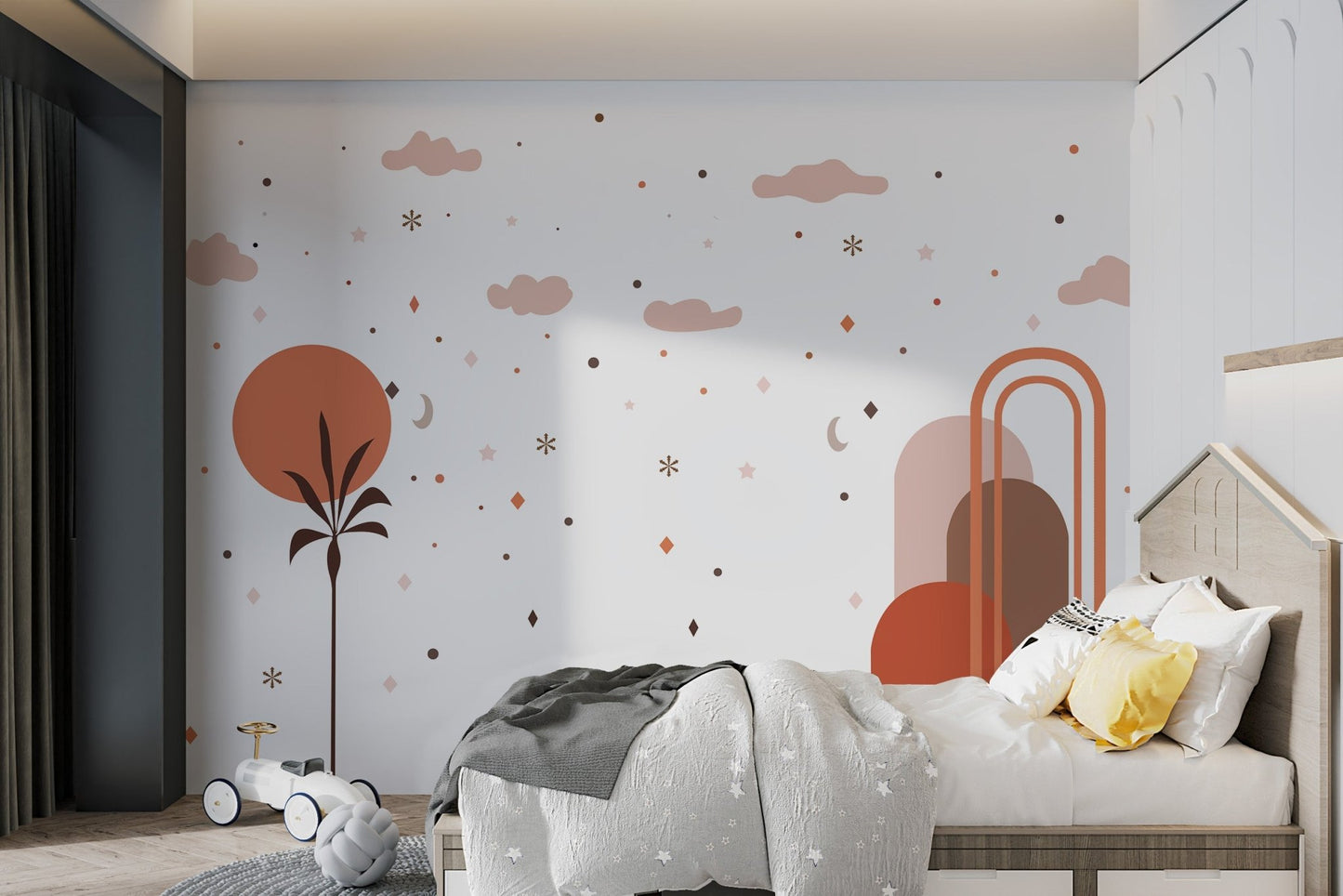 Abstract sky wall mural with sun moon clouds and warm neutral tones.