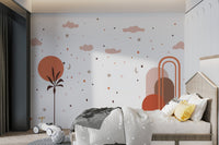 Abstract sky wall mural with sun moon clouds and warm neutral tones.