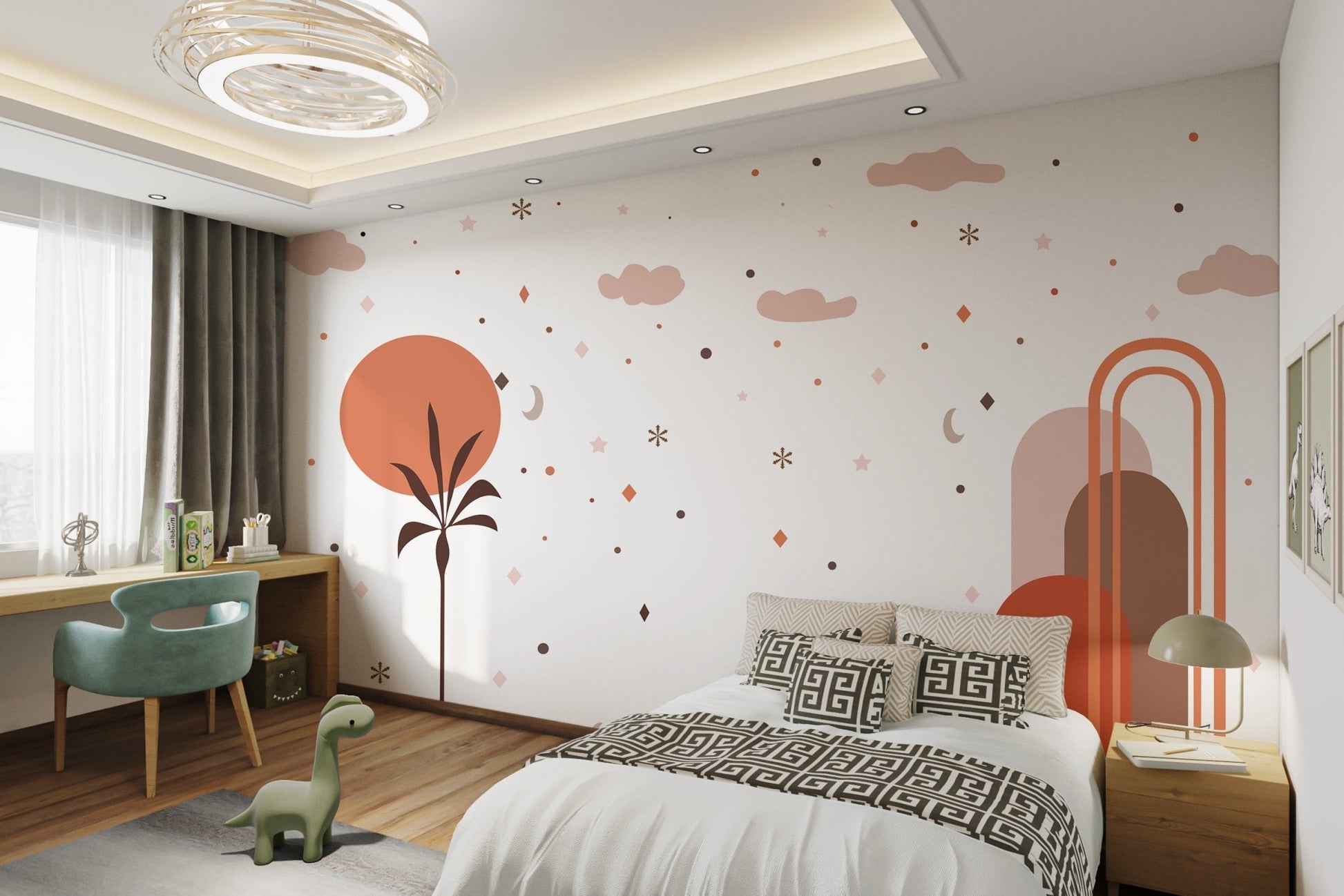 Celestial theme kids wall mural with clouds stars and warm sunset palette.