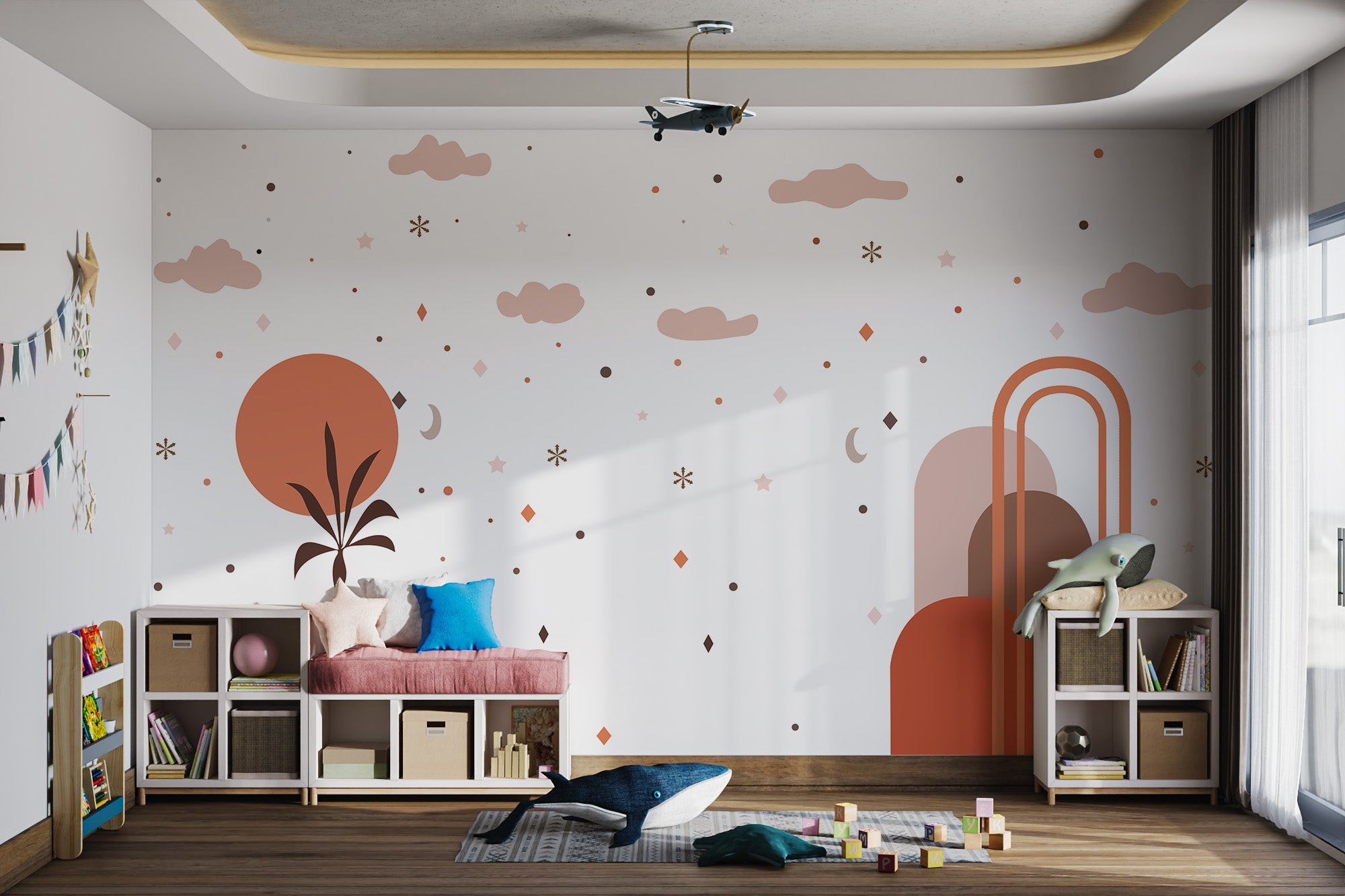 Dreamy skyscape kids wall mural with sun clouds stars and abstract shapes.