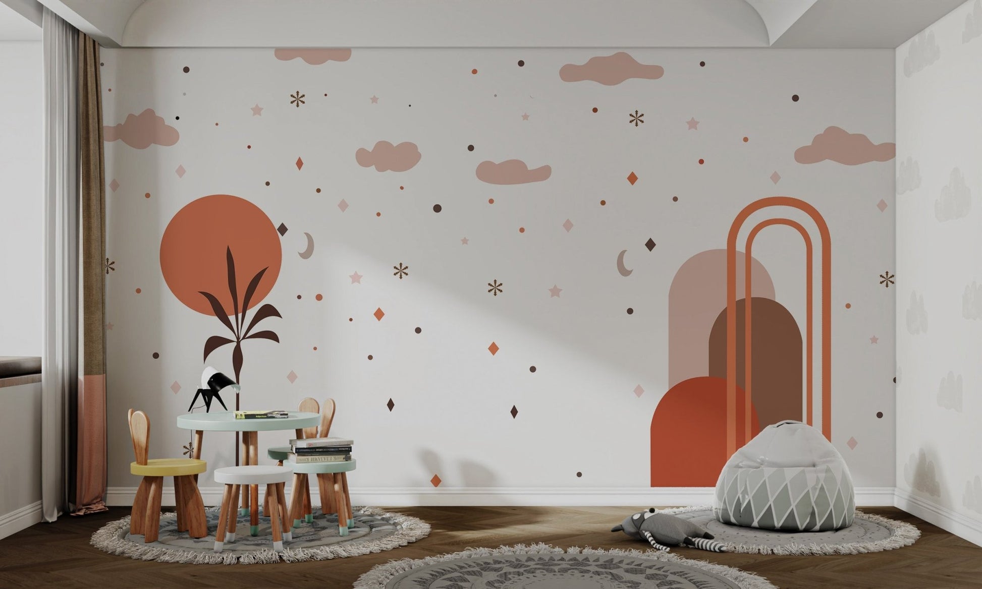 Minimal sky illustration wall mural with stars moon and warm color palette for nursery.
