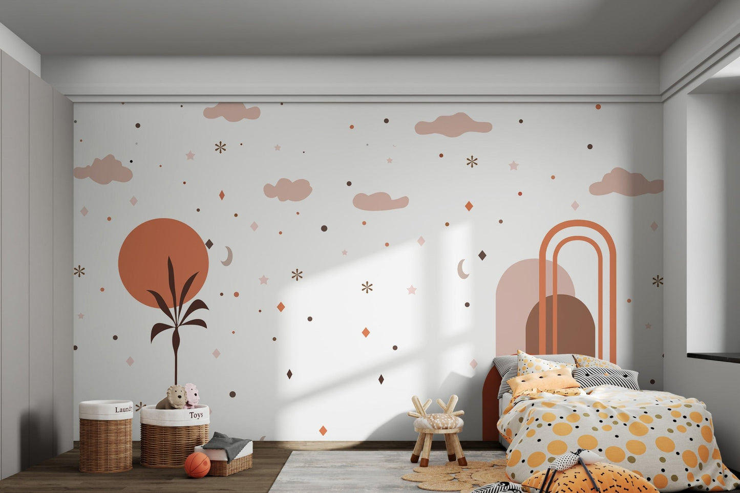 Scandinavian sky pattern wall mural with clouds stars and abstract arches for kids bedroom.