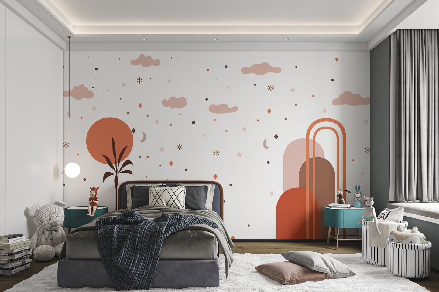 Dreamy sky wall mural with clouds stars and minimal geometric art on kids room walls.