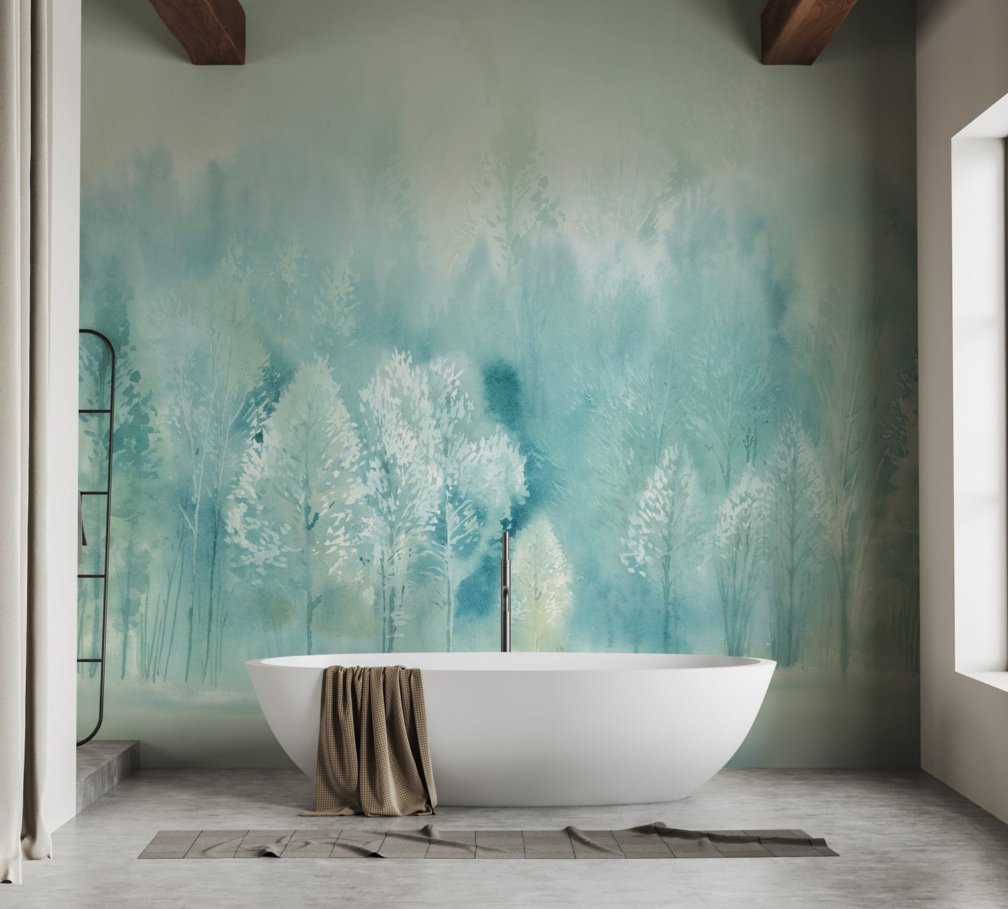 Modern bathroom featuring a white soaking tub against a teal forest landscape wall mural.