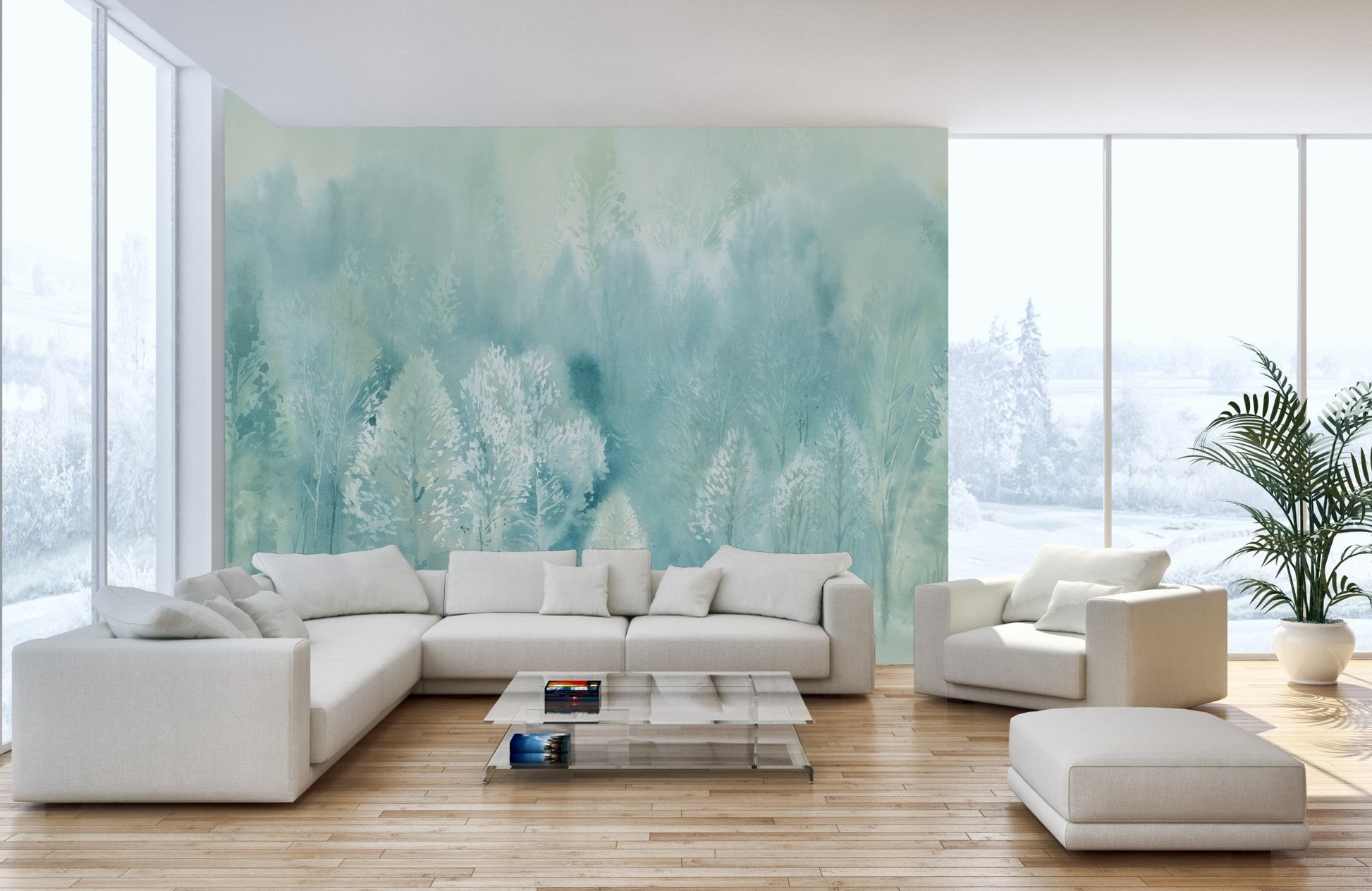 Bright open-plan living room with a white sectional sofa and blue tree wall mural.