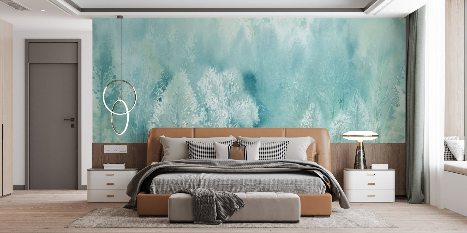 Dreamy Tree Landscape Wall Murals behind a brown leather bed in a modern bedroom.