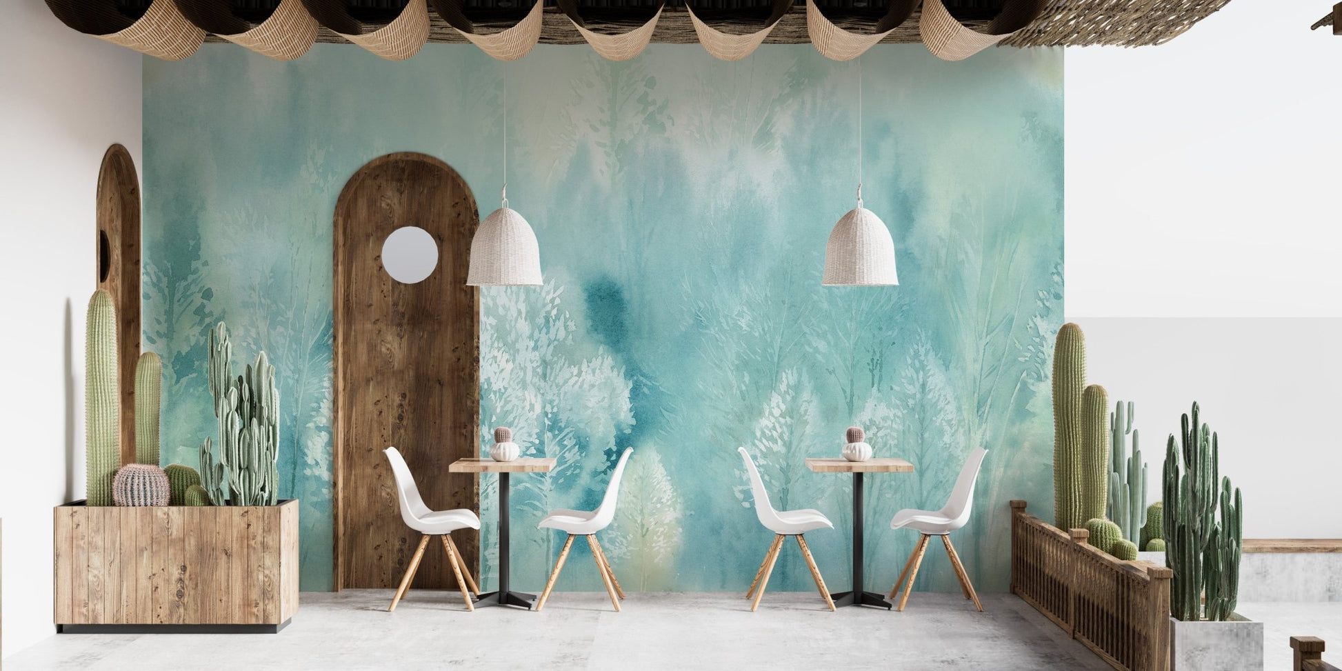 Cafe dining area with wooden furniture and a teal landscape wall mural background.